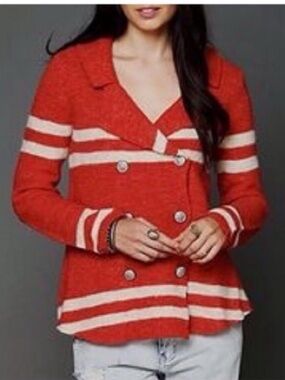 Free People Pea Coat Red Double‑Breasted Stripe Knit Striped Pea Coat size XS